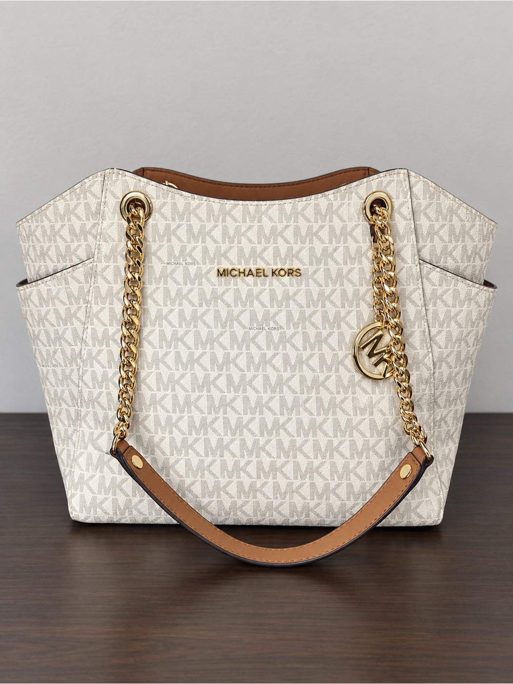 Michael Kors Cream MK Logo Chain Shoulder Tote with Brown Trim